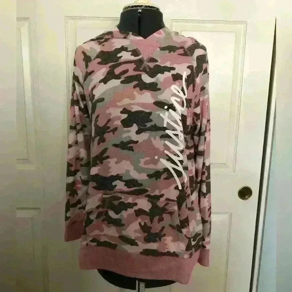JUSTICE camo pink gray white long sleeve knit hoodie youth 14-16 - Picture 2 of 6